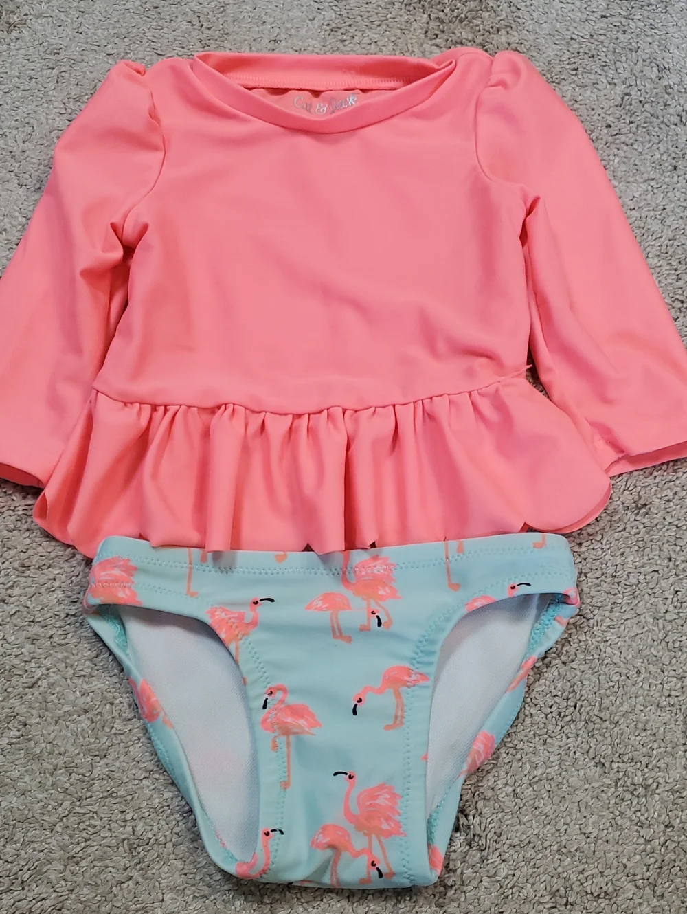 Infant Girls Coral Flamingo Ruffle & Purple Mermaid 2-Piece Swimsuits. 3-6 & 6-9